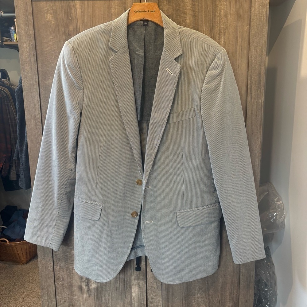 J Crew Medium Blazer Sport Coat Pin Stripe Unstructured Blue White